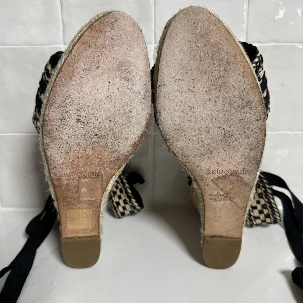 Kate Spade Taley Wedge Sandals Womens‎ 9 Black Cream Woven Espadrille Ankle Tie